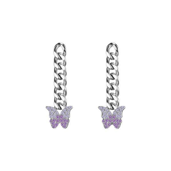 

luxury ooa butterfly effect series summer limited, simple and versatile, full set zircon dazzling purple butterfly chain earrings, Silver