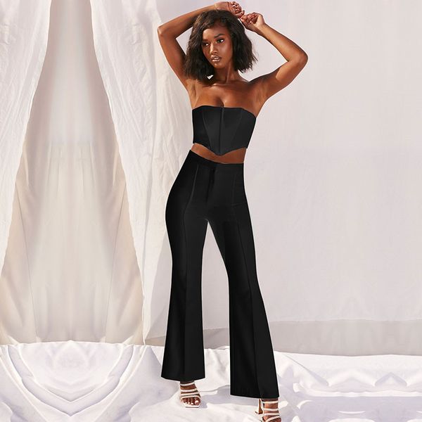 

strapless autumn two piece matching sets women tracksuits crop and leggings long pant club sets fashion outfits, White