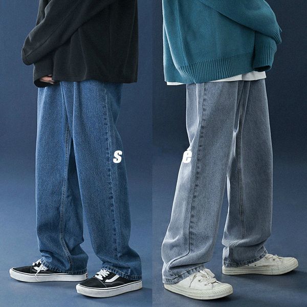 

new 2021 men's baggy homme wide leg black/blue color casual pants classic cargo pocket jeans biker denim loose trousers -2xl 9oy3