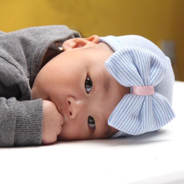

new 2021 autumn winter newborn baby girl boys striped bowknot hat beanie hat stretchy cap s, Yellow