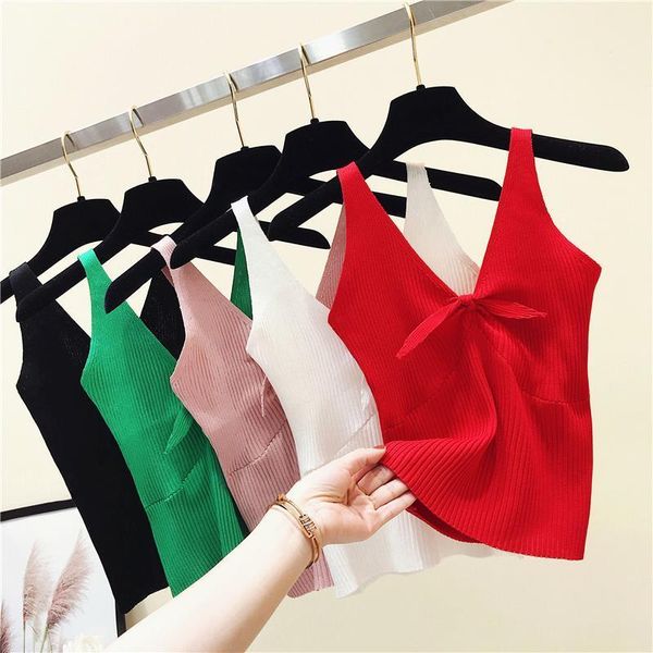 

summer slim knitting bow v neck cropped tank hollow out female knitted simple camisole sleeveless solid t shirts crop for, White