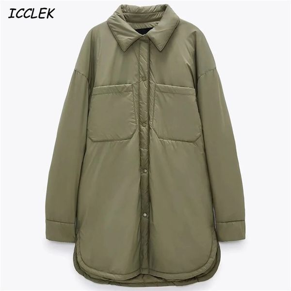 Za mulheres jaqueta chunky parkas fina casaco longo khaki bolso feminino oversize supershirt TRF BF botão mangas outwear ArmyGreen 211018