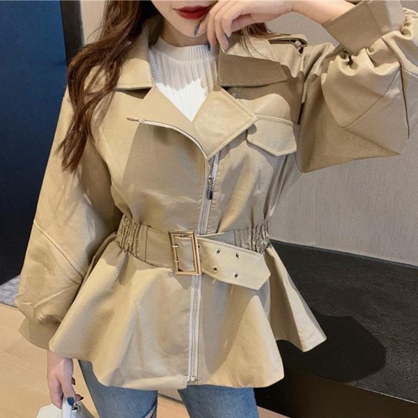 

fall 2021 new vintage port style suit collar fashion bubble sleeves waist-thin pu leather jacket outside, Black