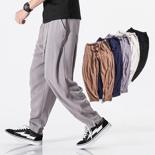 

men's pants casual cotton linen harem men jogger fitness full length trousers male chinese traditional harajuku pt-340, Black