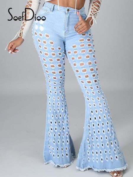 

women's jeans soefdioo stretchy hole flared solid zipper up button skinny ripped denim trouser summer autumn 2021 party clubwear, Blue