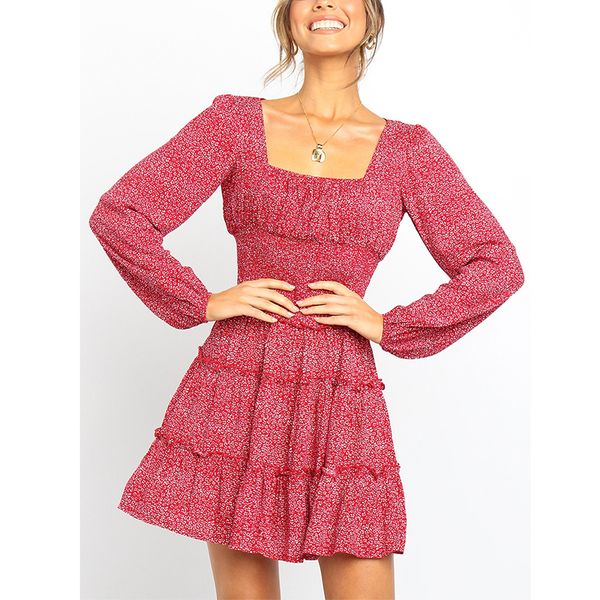 

square collar floral women elegant autumn winter dress ruffles dresses a-line sleeve ewno, Black;gray