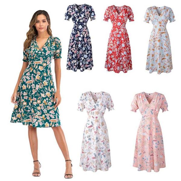 

casual boho beach dress women v neck short sleeve tunic summer es plus size floral printed vintage chiffon midi 210526, Black;gray