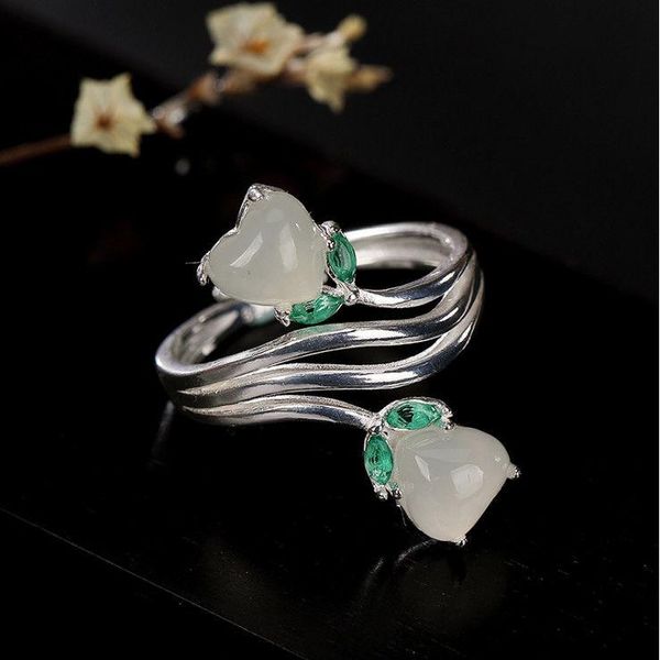 

cluster rings silver inlaid natural hetian white jade winding flower opening adjustable ring chinese retro fresh little fairy brand jewelry, Golden;silver