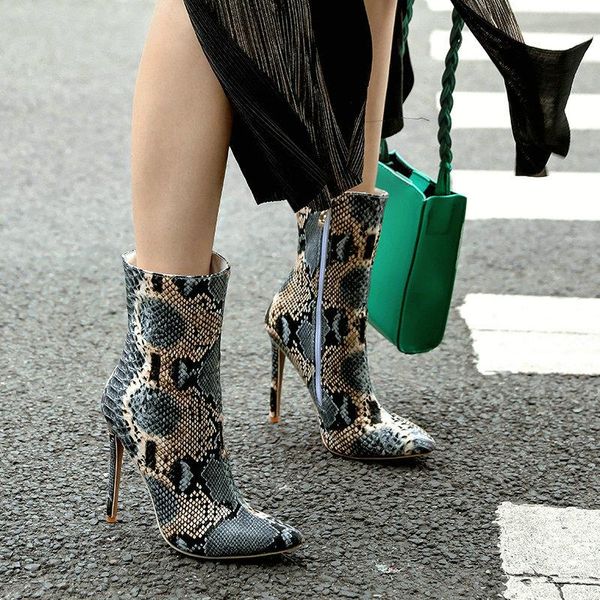 

boots 2021 black autumn winter plush women snake print pointed toe fashion zipper super high heel white gray