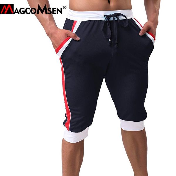 

magcomsen mens summer gym shorts breathable joggers fitness workout shorts casual elastic knee length track men clothing, White;black