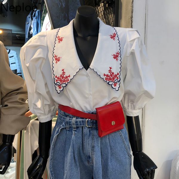 

neploe sweet puff half sleeve women shirt korean floral embroidery turn down collar blusa 2021 spring summer short blouse 210303, White