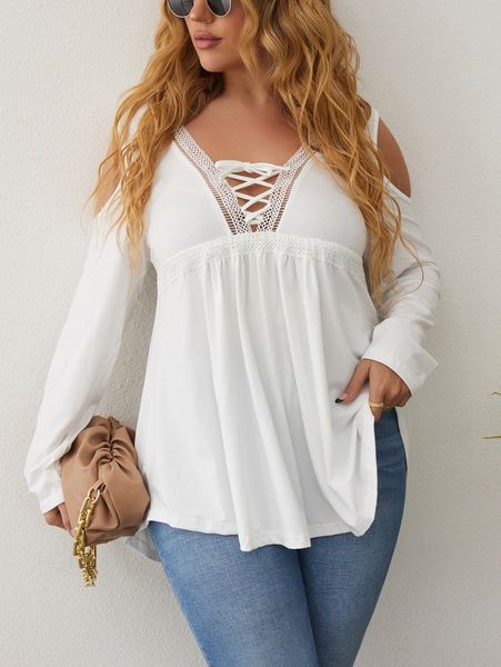 

plus solid cold shoulder lace up tee h1bm#, Black