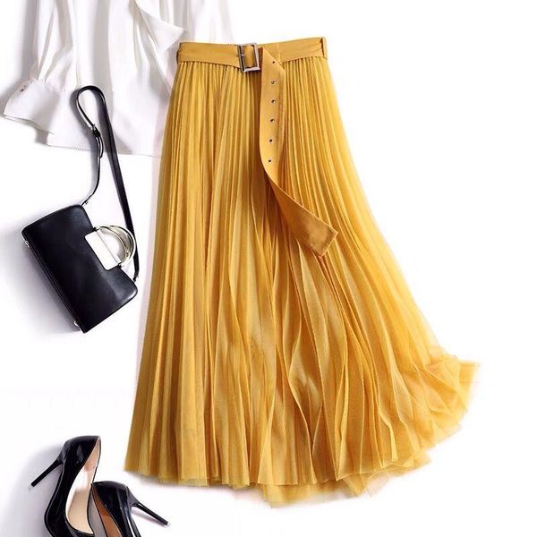 

skirts belted yarn skirt female half-length spring and autumn 2021 high waist mid-length a-line pleated mesh drape, Black