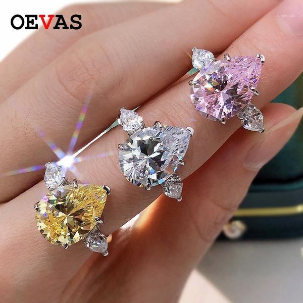 

cluster rings oevas 100% 925 sterling silver sparkling 10*14mm pear multicolor high carbon diamond wedding for women fine jewery gifts, Golden;silver