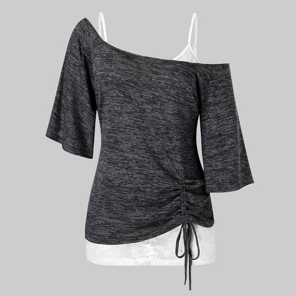 

women ladies plus size half sleeve lace two piece blouse pullover shirt lace up ete femme grote maten dames kleding, White