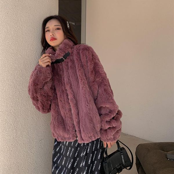 

women's fur & faux 2021 autumn winter women outwear loose casual stand collar long sleeve female plush korean warm fashion, Black