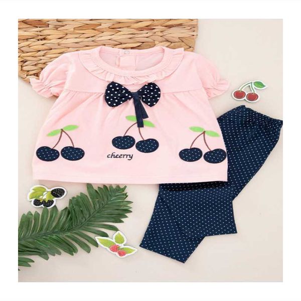 

clothing sets 2 pieces baby girl three cherry half sleeve and bottom set, White