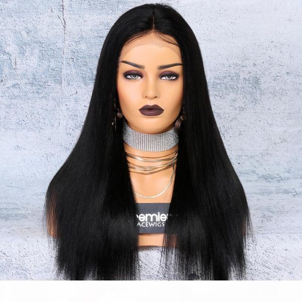 

8a lace front wigs brazilian remy human hair yaki straight 250% density 4.5" deep lace part 12-24inches natural hairline for american, Black;brown