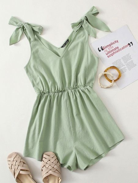 

knot shoulder frill waist romper 46tn#, White