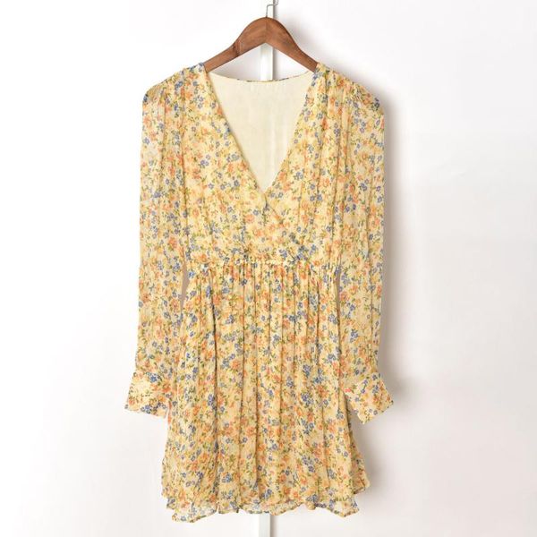 

casual dresses 2021 summer fashion sweet elastic waist long sleeve short robe women v-neck floral print mini dress, Black;gray