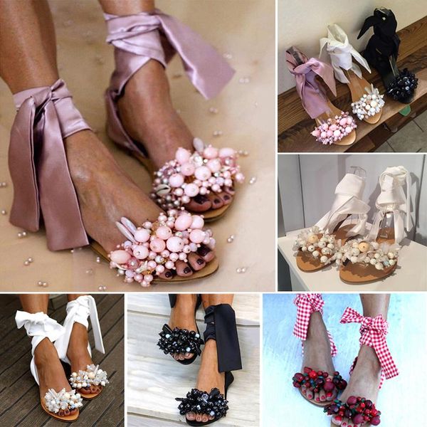 

sandals women flat ankle strap handmade beaded special women's shoes beach plus size 35-43, Black