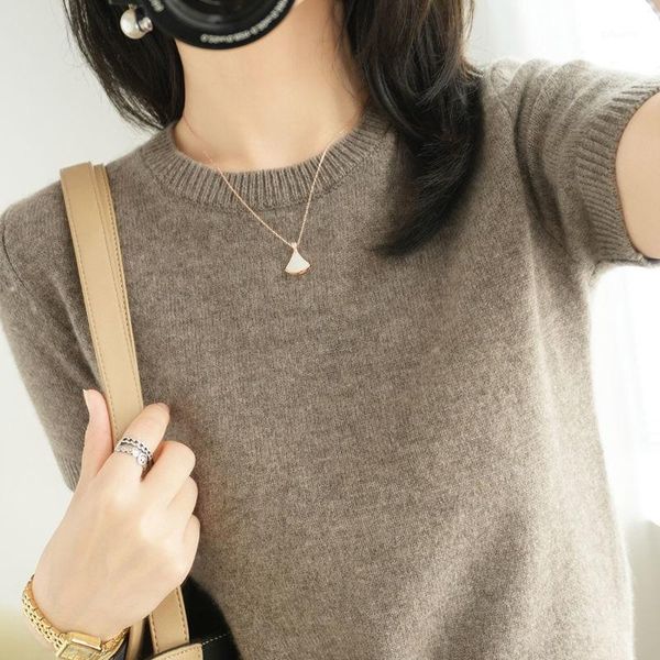 

women's t-shirt 2021 spring summer women slim fit solid color short sleeve t shirt casual thin round collar knitted tee x110, White