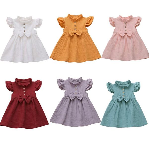 

girl's dresses 1-6y baby girls dress 2021 summer kids clothes solid color short sleeve ruffle a-line casual loose outfits, Red;yellow