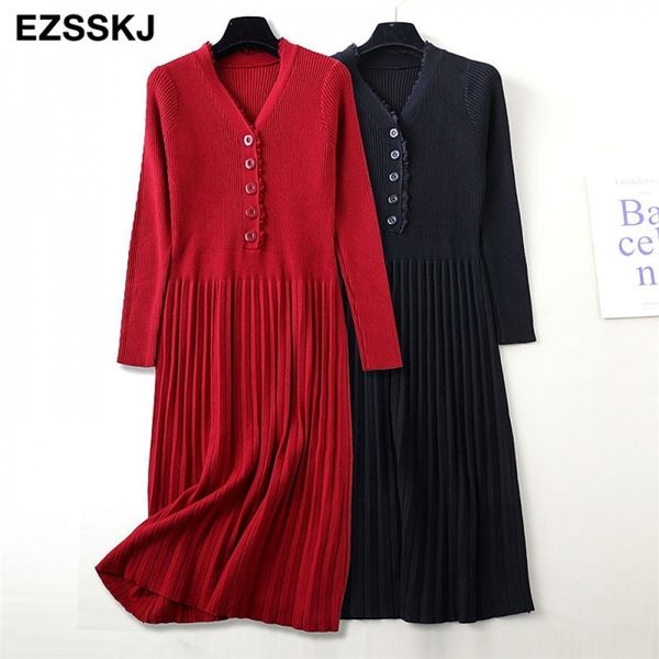 

elegant long sleeve ol v-neck midi sweater dres thick knit autumn winter female slim a-line basic casual 211110, Black;gray