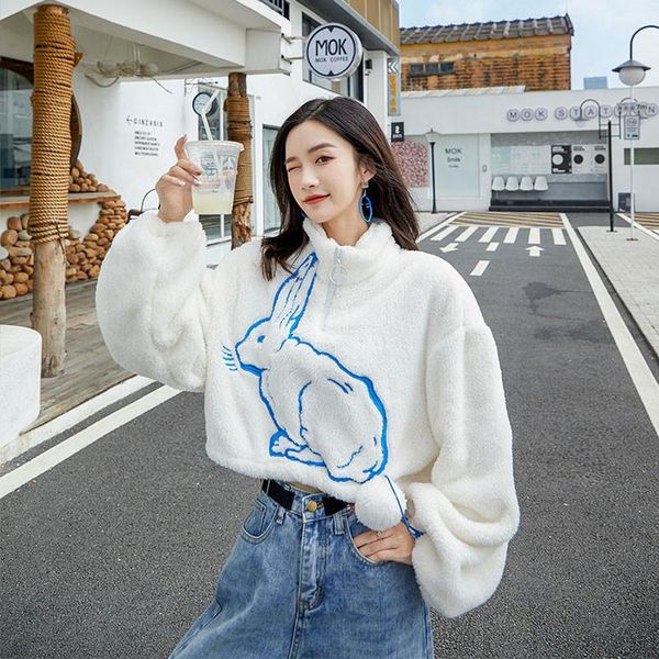 

women's hoodies & sweatshirts japanese harajuku fashion fleece thick print female long sleeve stand collar short sweatshirt pullovers, Black