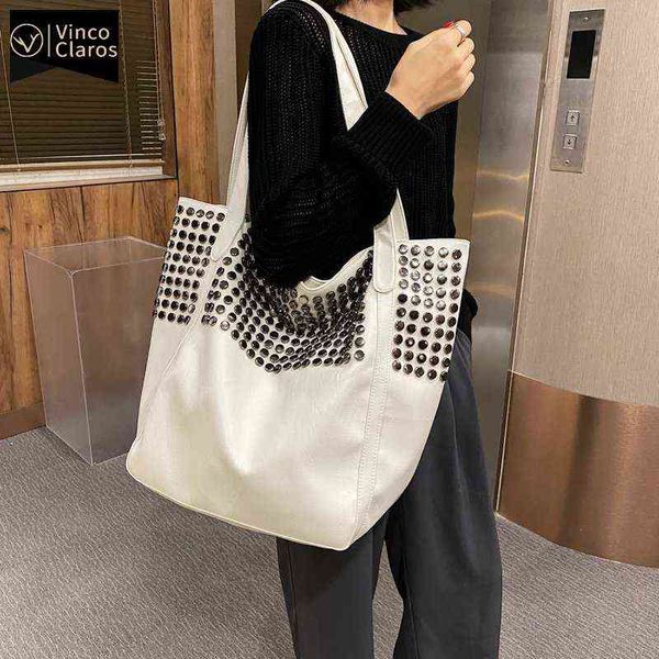 Einkaufstaschen Vintage Niet Casual Tote für Frauen Große Schulter Leder Luxus Handtaschen Designer Große Kapazität Damen Hand Sac220307