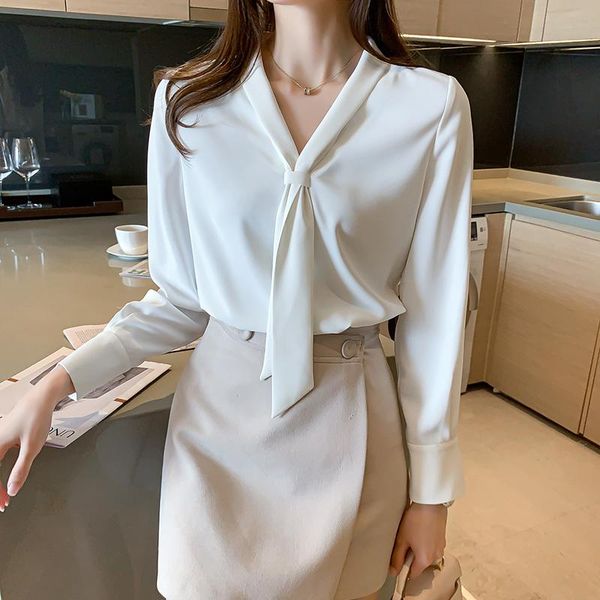 

women's blouses & shirts 2021 autumn elegant v-neck shirt female design sense blouse temperament large size streamer white