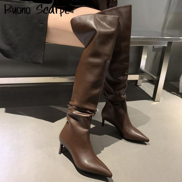 

boots high heel over the knee women long leather thin fashion party shoes ladies footwear slip on mujer booties, Black