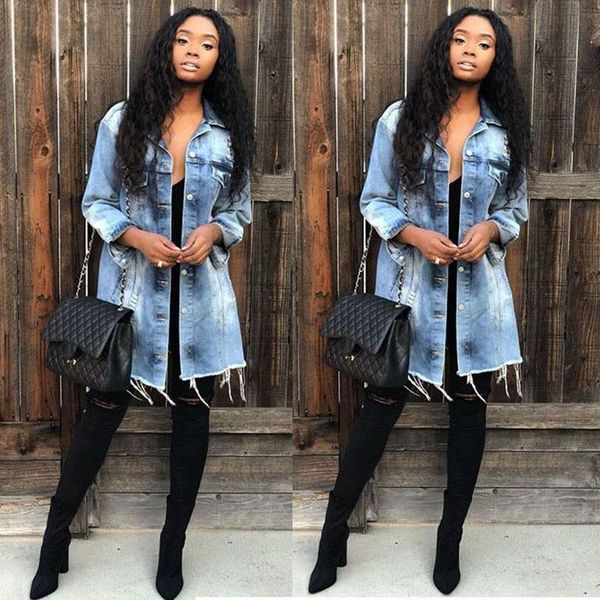 

women's jackets autumn women ripped hole long denim jacket 2021 boyfriend wind causal tassel jean plus size 3xl cowboy bomber greatcoat, Black;brown