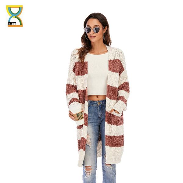 

women's knits & tees cgyy elegant loose sweater causal coat rainbow striped long sleeve knit cardigan with hoodie for female in autumn, White