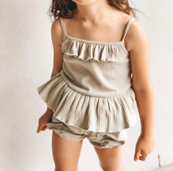 

clothing sets 2pcs summer toddlers baby girls casual solid color ribbed knitted sleeveless suspender vest + shorts tracksuits, White