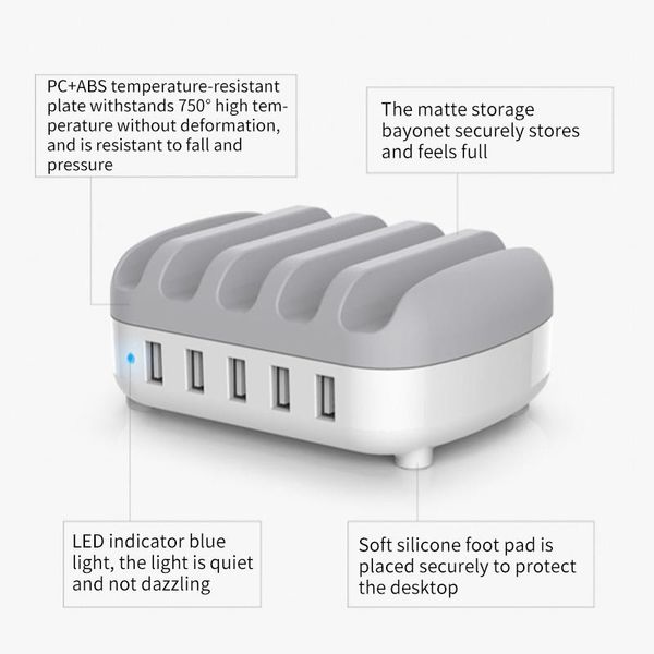 

2021 new 5 usb port docking station with one-key switch holder usb charging for smart phone tablet pc for home public 40w