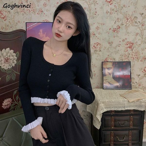 

women's sweaters women pullovers ruched ruffles patchwork o-neck short long sleeve knitted girls sweet french style casual female, White;black