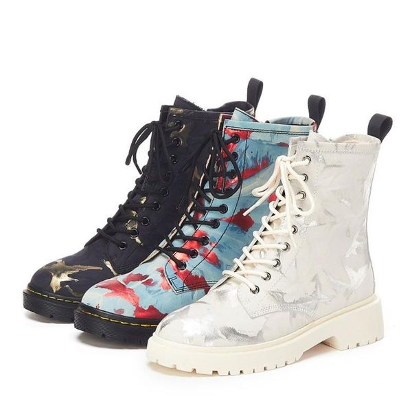 

boots western style big brand retro fashion graffiti matin casual high-ankle booties 8 hole strap thick bottom women shoes, Black