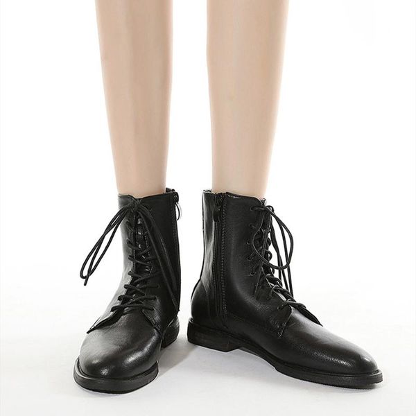 

boots women's lace up ankle ladies leather low heels woman zip pumps 2021 women footwear autumn winter female fashion shoes, Black