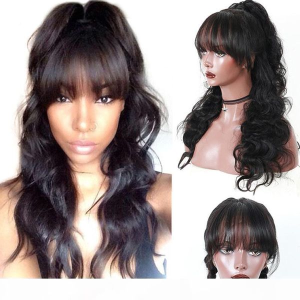 

360 body wave lace wig with bangs glueless pre plucked body wave virgin brazilian full lace front human hair wigs with bangs, Black;brown