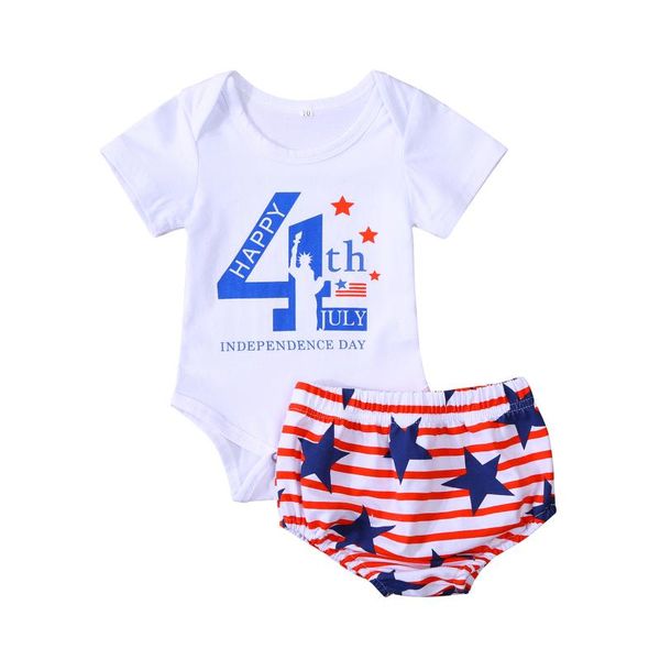 

clothing sets 0-18m infant girl independence day short-sleeved romper shorts striped flag print summer, White