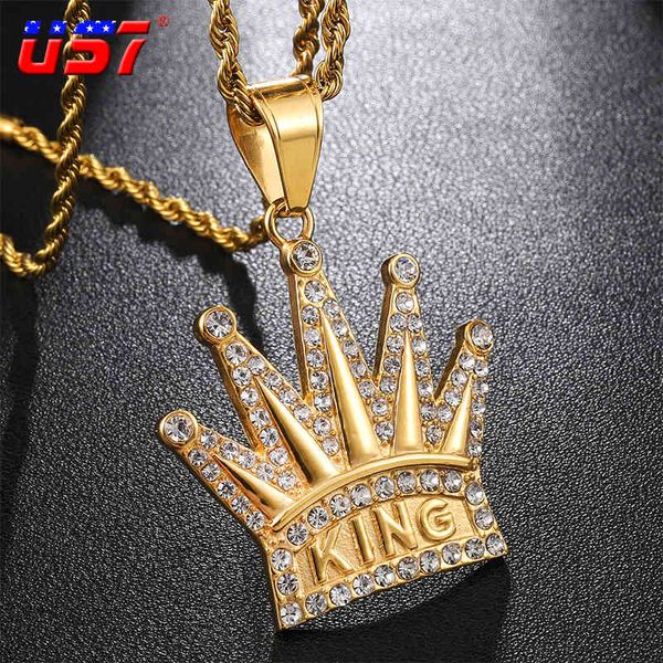 Designer colar de luxo jóias bling gelado fora coroa rei pingentes de cristal tênis cadeia de aço inoxidável hip hop cool rua para homens presentes