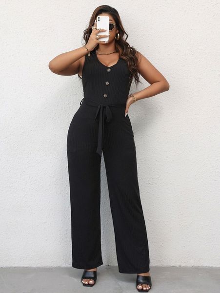 

plus ribbed knit fake button belted jumpsuit v3wu#, Black
