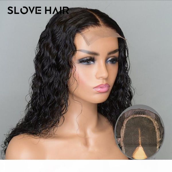 

4x4 lace front super deep curly human hair wig for women150% pre plucked bleached knots remy brazilian middle ratio slove hair, Black;brown