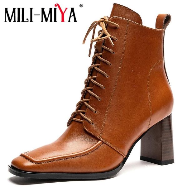 

boots mili-miya design lace up motorcycle ankle fashion square toe genuine leather cross tied women thick heels prom shoes, Black