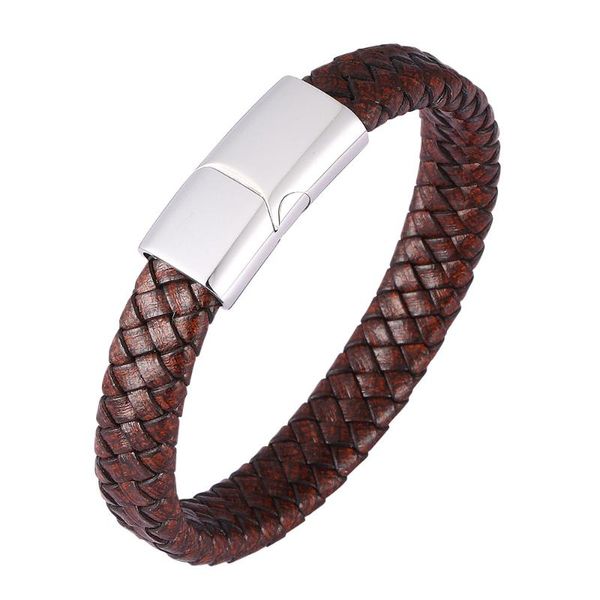 

charm bracelets vintage fashion cowhide woven titanium steel bracelet red tan leather men, Golden;silver