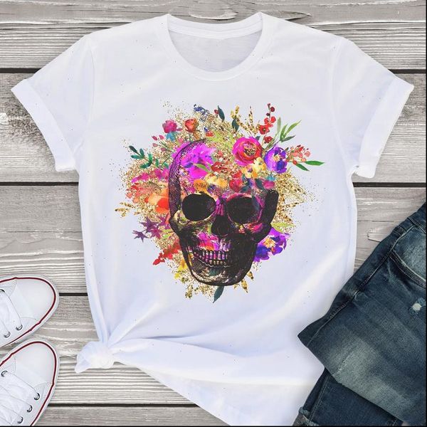 

women graphic short sleeve watercolor skull horror print fashion summer shirt tees clothing female t shirt womens t shirt, White