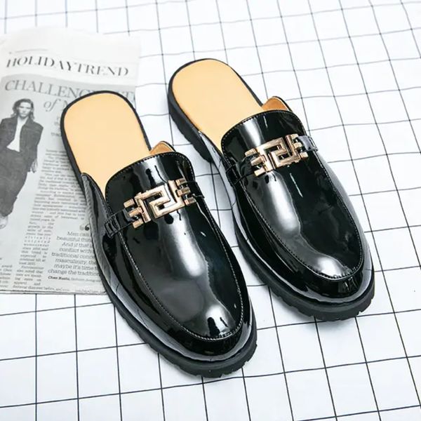 

trendy men autumn pu leather semi slippers brand korean version lazy people pedal with one foot casual comfortable classic dh395, Black