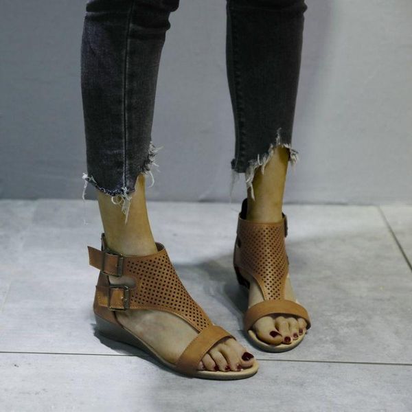 

sandals women pu fashion slope heel hollowed out with back zipper for comfortable leisure 7kg287, Black