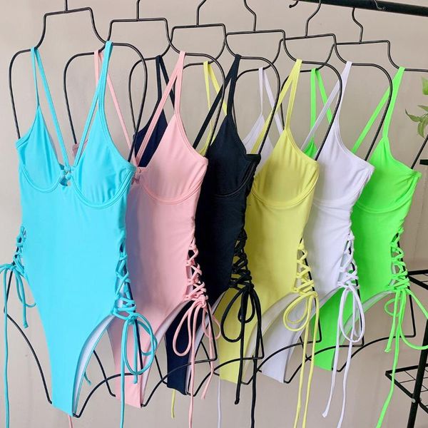 

one-piece suits 2021 strappy bandage swimwear for women push up solid one piece swimsuit monokini summer bathing suit beac